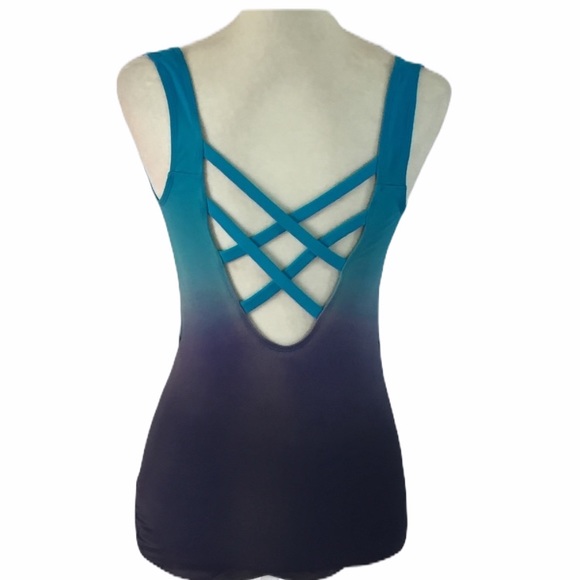 Blue ombré one piece crisscross back tank swimsuit - Picture 3 of 6